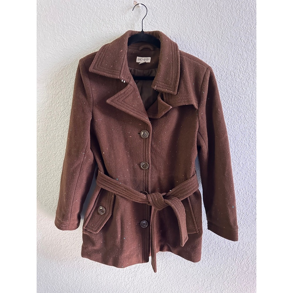 Kim Rogers Womens Brown Wool Blend Confetti Fleck Belted Pea Coat Jacket Size 10